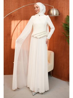 Ekru İnci İşlemeli Pelerinli Abiye Elbise