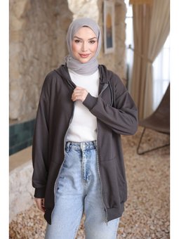 Füme Kanguru Cepli Üç İplik Hırka