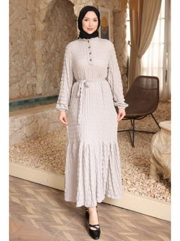 Gri Kol Lastikli Düğmeli Bel Bağlamalı Gofre Elbise