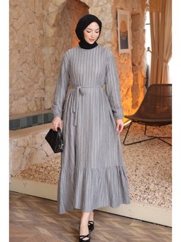 Gri Kol Lastikli Kuşaklı Gofre Elbise