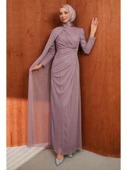 Gül Kurusu Drapeli İnci Detaylı Abiye Elbise