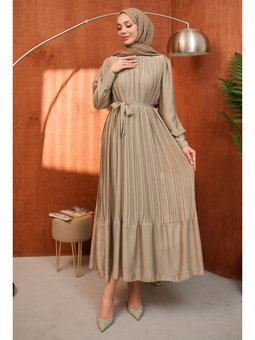 Haki Bel Kuşaklı Tül Detaylı Elbise