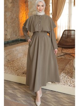 Haki Düğmeli Pelerinli Gömlek Etekli Takım