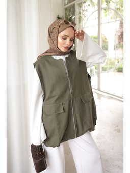Haki Fermuarlı Oversize Gabardin Yelek