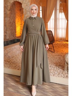 Haki Yan Bağlamalı Kol Lastikli Elbise