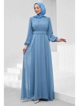 İndigo Büyük Beden Ön Piliseli Abiye Elbise