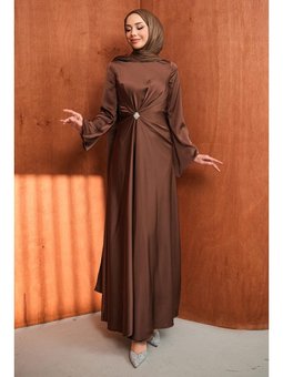 Kahve Önü Pelerinli Drapeli Saten Abiye Elbise