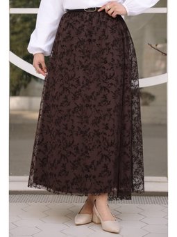 Kahverengi Bel Kemerli Astarlı Flok Tül Etek