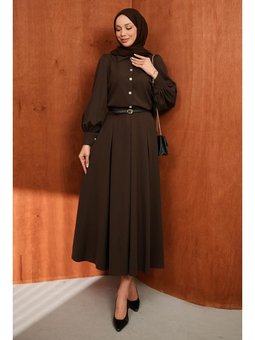 Kahverengi Düğmeli Kemerli Gömlek Etekli Takım