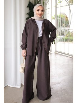 Kahverengi Kapüşonlu Bol Paça Ceket Pantolonlu Takım