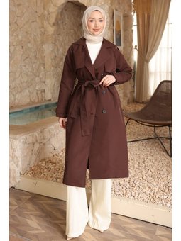 Kahverengi Kruvaze Yaka Astarlı Trençkot