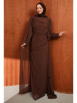 Kahverengi Önü Drapeli Büyük Beden Abiye Elbise