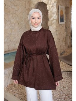 Kahverengi Taş Detaylı Yırtmaçlı Oversize Tunik