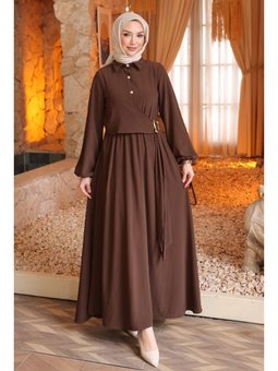 Kahverengi Yan Bağlamalı Kol Lastikli Elbise
