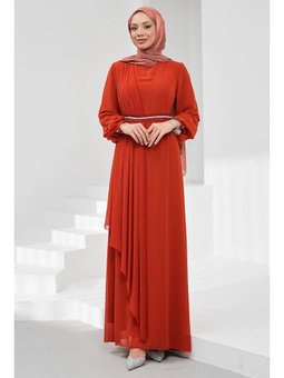 Kiremit Büyük Beden Bel Taşlı Abiye Elbise