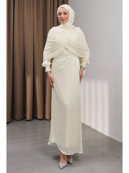 Krem Önü Drapeli Seyyar Pelerinli Abiye Elbise