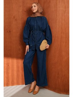 Lacivert Balon Kol Tunik Pantolonlu Tensel Kot Takım