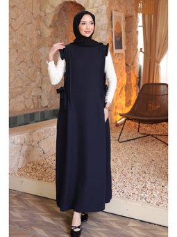 Lacivert Bel Kuşaklı Kolları Fırfırlı Elbise