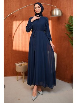Lacivert Bel Kuşaklı Taş İşlemeli Abiye Elbise