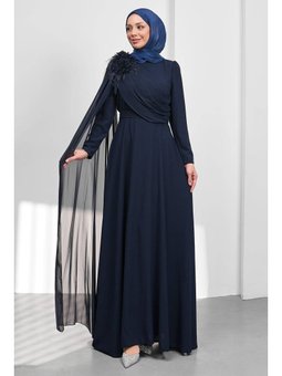 Lacivert Çiçek Detaylı Kemerli Abiye Elbise