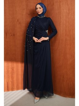 Lacivert Drapeli İnci Detaylı Abiye Elbise