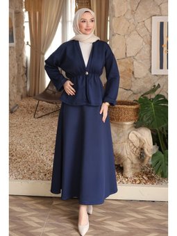 Lacivert Düğmeli Lastikli Ceket Etekli Takım