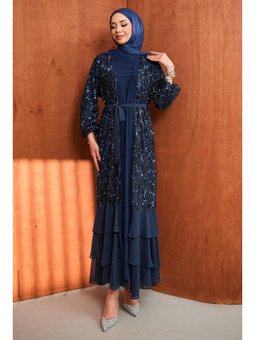 Lacivert Eteği Katlı Fırfırlı İkili Abaya Takım
