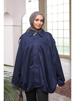 Lacivert Eteği Pileli Oversize Süet Ceket