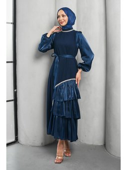 Lacivert Fırfır Detay Organze Taş İşleme Abiye Elbise