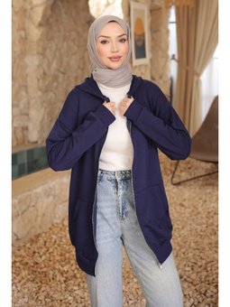 Lacivert Kanguru Cepli Üç İplik Hırka