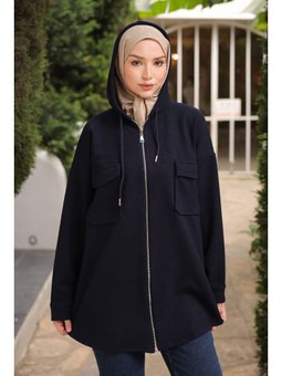 Lacivert Kapüşonlu Fermuarlı Kaşe Ceket