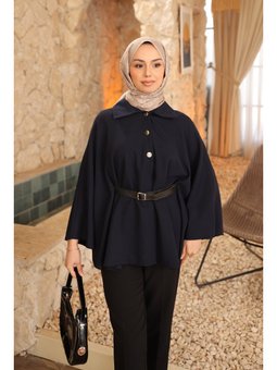 Lacivert Kemerli Düğmeli Dabıl Panço