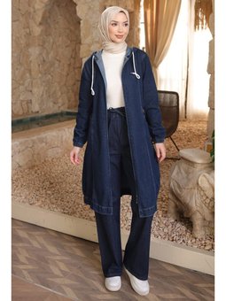 Lacivert Kol Lastikli Fermuarlı Kot Kap