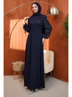 Lacivert Kol Sırt Bağlama Detaylı Abiye Elbise