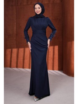 Lacivert Kol Tül Detaylı Abiye Elbise