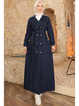 Lacivert Kravuze Yaka Düğmeli Trençkot