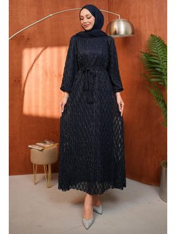 Lacivert Kuşaklı Simli Abiye Elbise