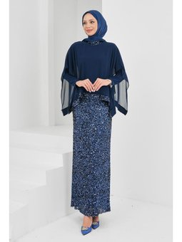 Lacivert Pul Payetli Üstü Şifon Detaylı Abiye Elbise