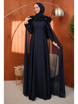 Lacivert Yaka Çiçekli Pelerinli Abiye Elbise