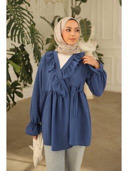 Lacivert Yaka Fırfırlı Yan Bağlamalı Kol Lastikli Tunik