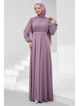 Lila Büyük Beden Ön Piliseli Abiye Elbise