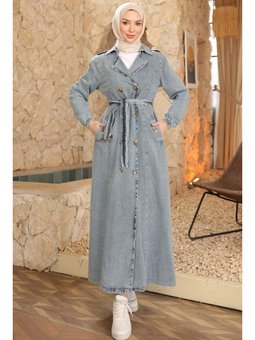 Mavi Kravuze Yaka Düğmeli Trençkot