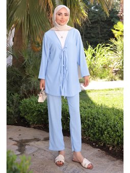Mavi Ön Bağlamalı Bürümcük Kimono Pantolonlu Takım