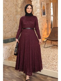Mürdüm Bel Kemerli Dantelli Tül Elbise