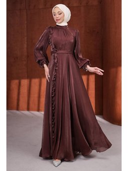 Mürdüm Bel Kemerli Fırfırlı Janjan Abiye Elbise