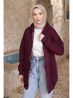 Mürdüm Kapüşonlu Fermuarlı Üç İplik Cepli Hırka