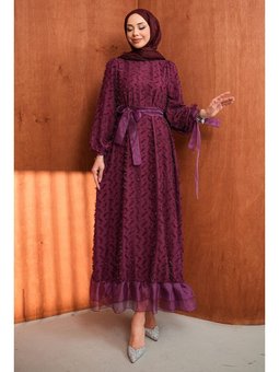 Mürdüm Kol Bağlamalı Kuşaklı Abiye Elbise