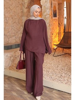 Mürdüm Pile Detaylı Tunik Pantolonlu Takım