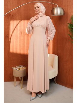 Pudra Kol Sırt Bağlama Detaylı Abiye Elbise