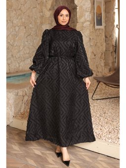 Siyah Balon Kol Kuşaklı Elbise